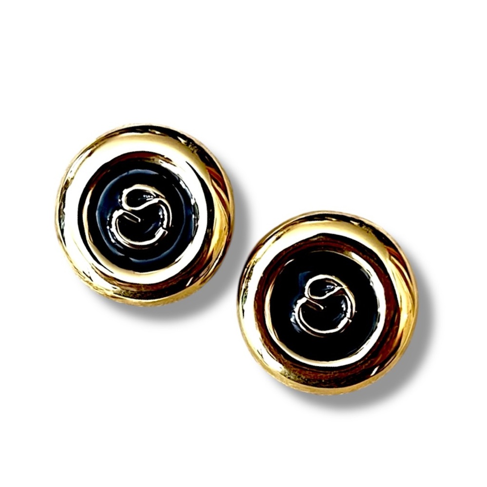 ST JOHN Gold Plated Black Enamel Signature Clip On Earrings Vintage 80s